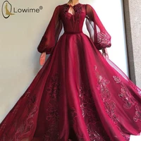 burgundy muslim long sleeve evening dresses 2020 appliqued evening gowns sexy arabic formal dress