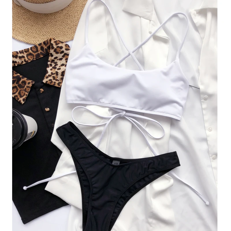 

Cross Back Bikini Thong Swimwear Brazilian Solid Bikini Swimsuit Women Push Up Two-pieces Bikini Set Low Waist Bathing Suit