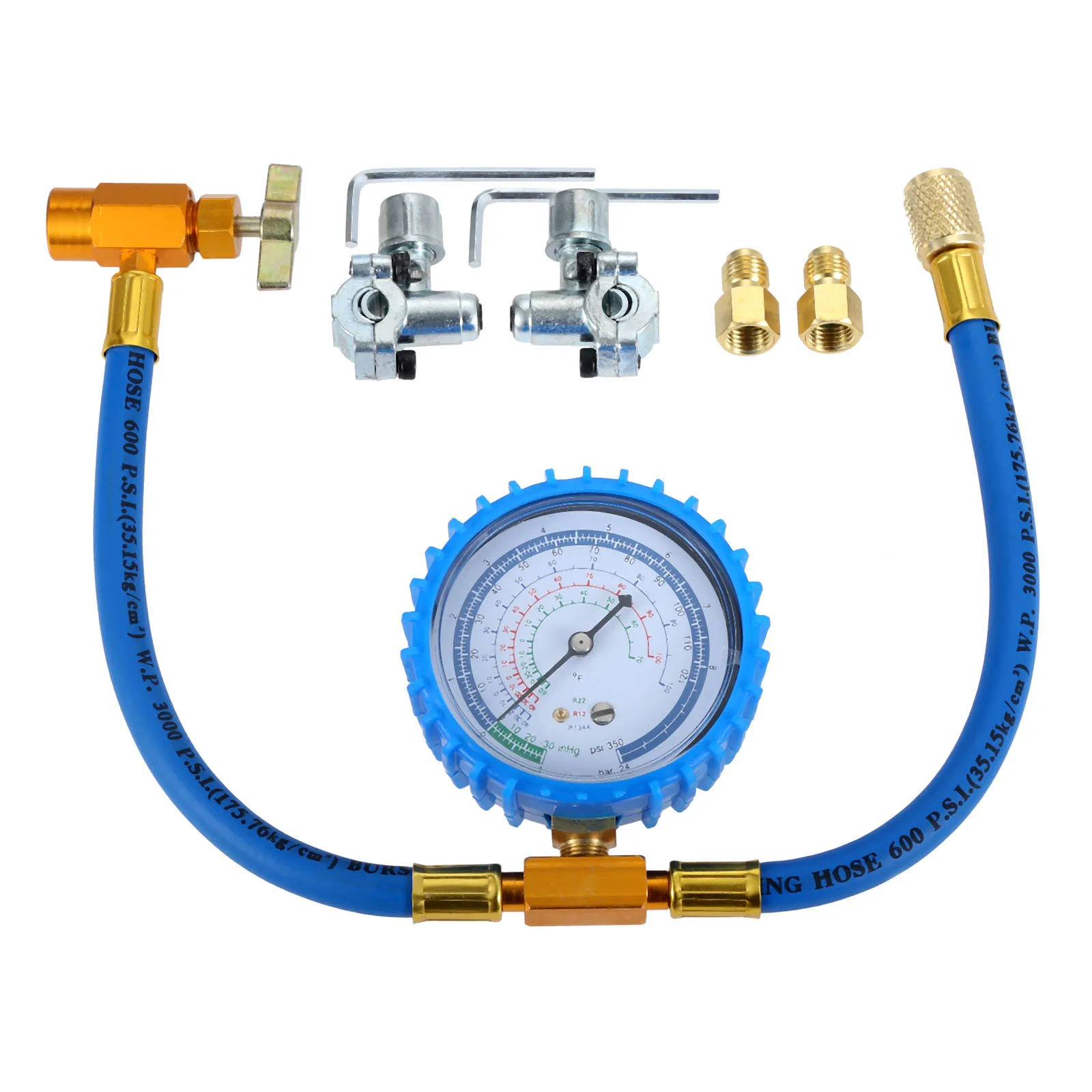 

R134A Refrigerant Charging Hose Kit BPV31 Bullet Piercing Tap Valve, 2.75" Gauge and Can Tap for R12 R22 and 1/4" Adapter Valve