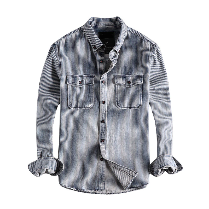 

Japanese Harajuku Vertical Stripe Button Down Jean Shirt for Men Urban Boys Streetwear Striped Long Sleeve Denim Shirt Plus Size