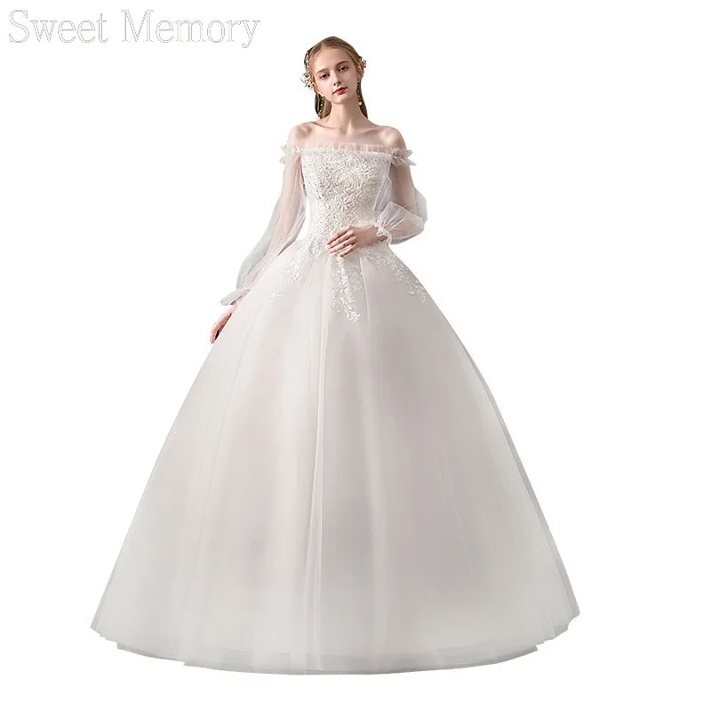 

Sweet Memory Boat Neck Lace Full Sleeve Wedding Dresses 2021 Romantic Formal Simple Dress Custom Made Bridal Gown Robe De Mariee