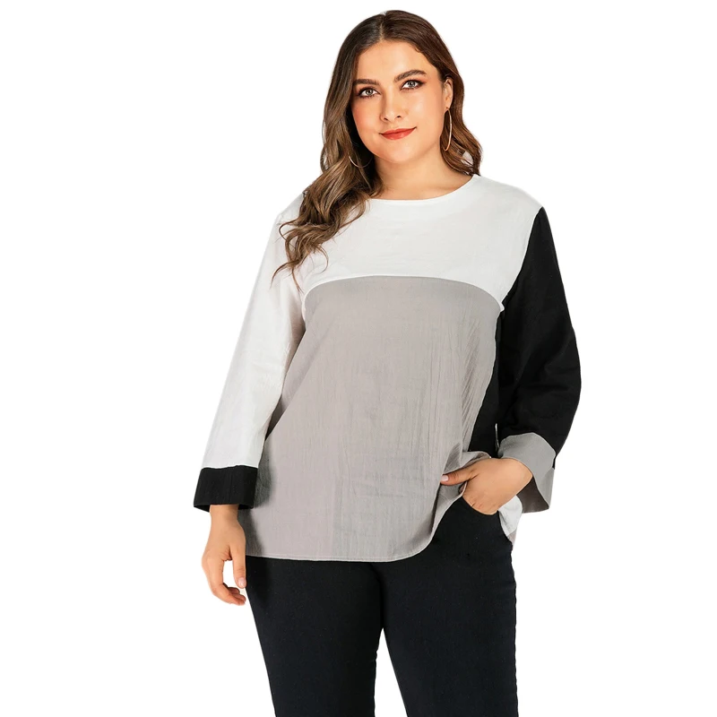 SHEIN/большие размеры; разноцветная блуза с широкими рукавами; Женская Повседневная блуза с круглым вырезом; сезон весна-осень; abaya Plus