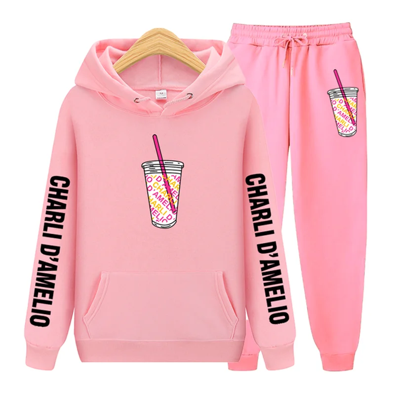 

CHAIYAO Fashion Charli DAmelio Men's Hoodies Set Sportswear Pullover Set Wool Hoodie + Sweatpants Jogging Men's Women's Pullover