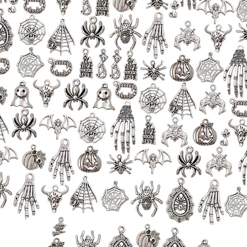 

100 Antique Silver Halloween Charms Assorted Pendants Lot Bulk Jewelry Findings