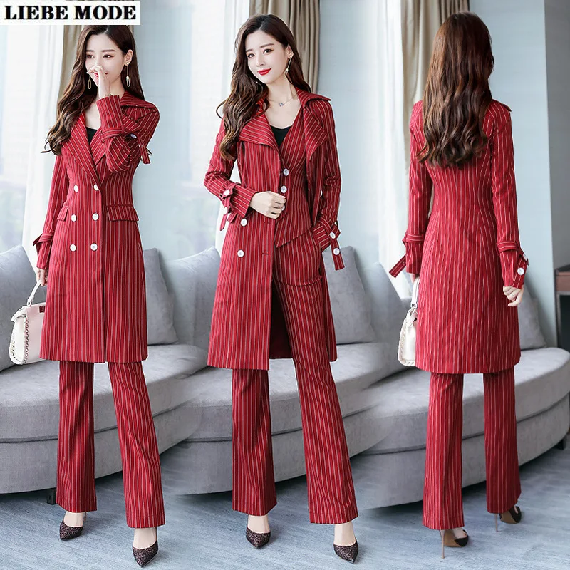 Womens Three Piece Pants Suits for Business Women Trench Coat Vest Trousers Office Lady Red Stripe 3 Pieces Set Female Pantsuit