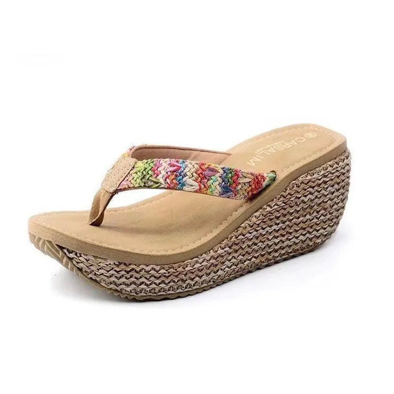 

Shoes Woman 2021 Slippers Heels Rubber Flip Flops On A Wedge Shale Female Beach Platform High Hawaiian Flat Soft Sabot Fabric PU
