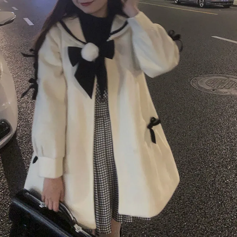 

Autumn/Winter Japanese Cute Kawaii Lolita Girl Woolen Coat Vintage Preppy Gentle Fairy Sailor Collar JSK Cute Girl Woolen Jacket
