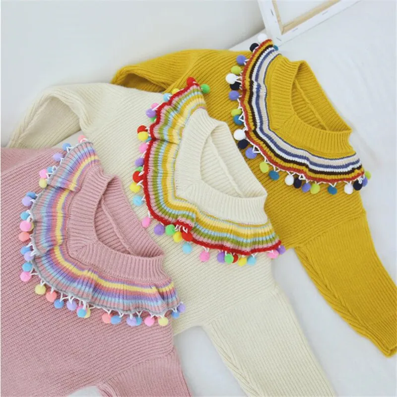 Knit комплекты трикотажной одежды для девочек; детский шерстяной свитер в полоску; платье-комбинезон; пуловер с кроличьими волосами; комплект одежды для детей