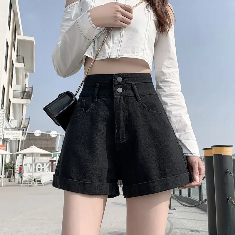 

2021 new denim shorts women's spring and summer loose and thin A-line hot pants double button jeans fashion