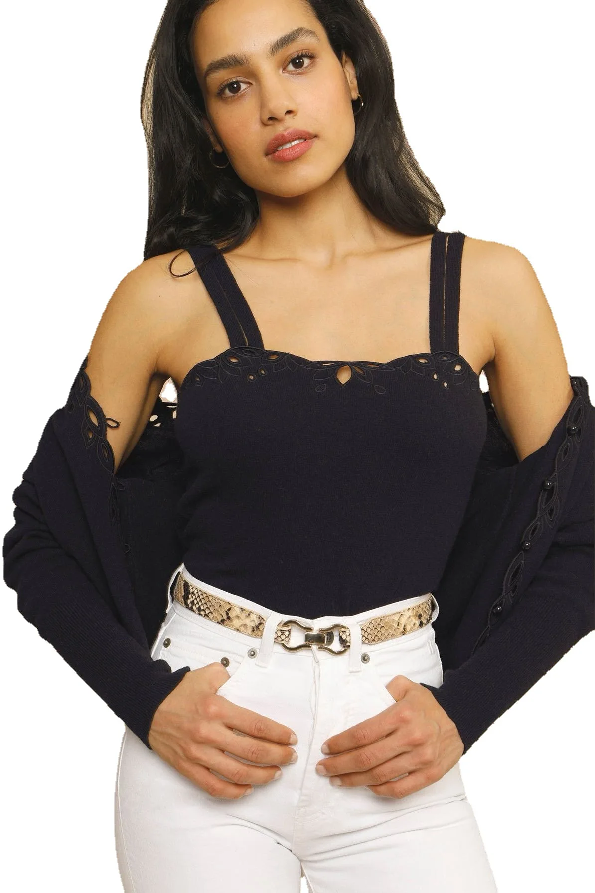 

Women Tops 2021 Early Autumn New Wool Blend Spins Delicate Hollow Out Condole Belt Vest Female