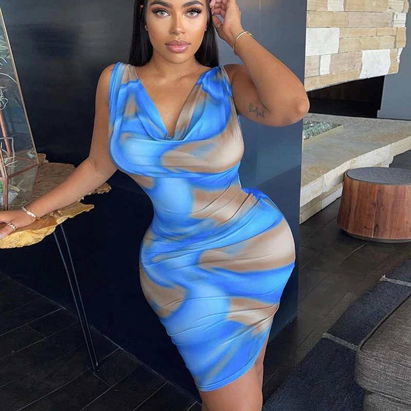 

print dress women 2021 sleeveless sexy mini summer dress fashion female streetwear outfits party short dress clothes blue
