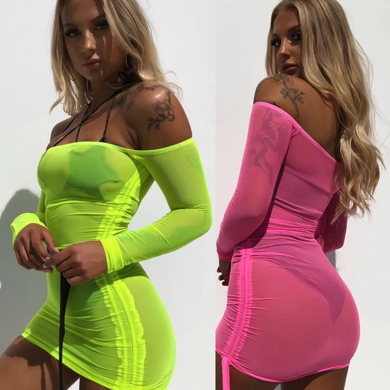 Женское прозрачное Сетчатое платье BKLD ярко розовое неоновое облегающее с