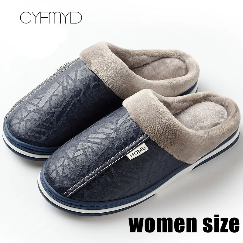 Dark blue Модные женские тапочки на плоской подошве; большие размеры 43-50; удобные зимние тапочки из искусственной кожи в стиле суперзвезды; женская плюшевая домашняя обувь из ПВХ - Цвет: Dark blue