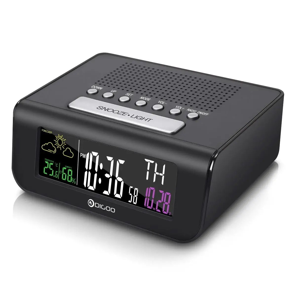 Digoo DG-FR100, беспроводные fm-радио часы, цифровой Повтор, будильник, двойной будильник, погода, календарь, температура, влажность