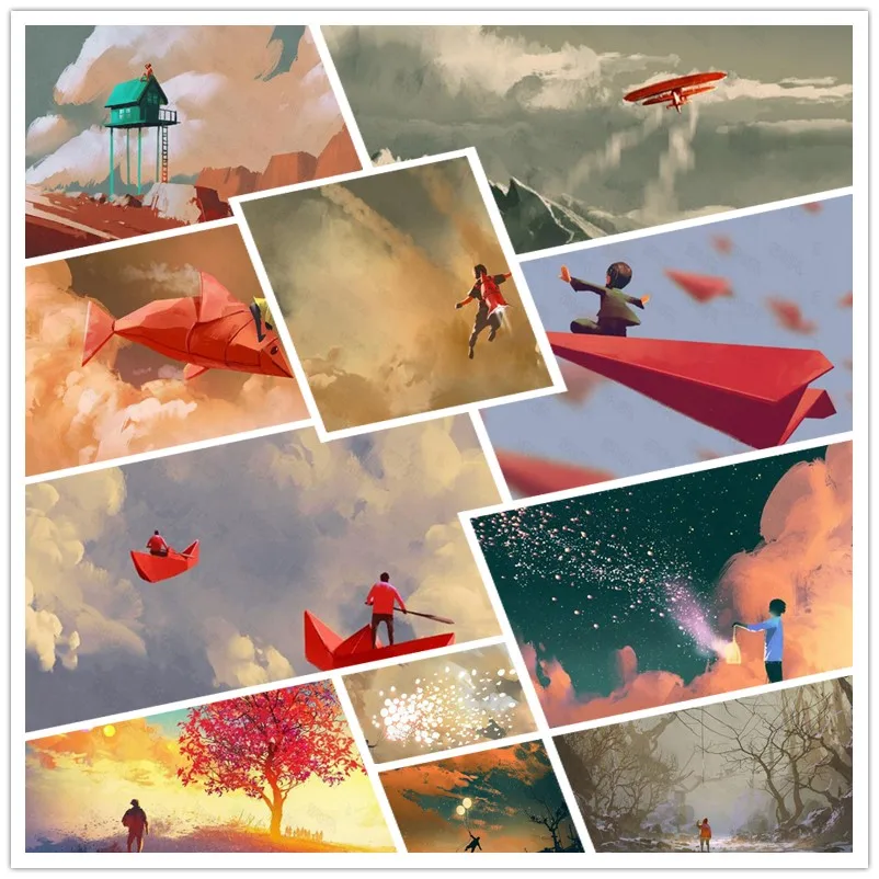 

Diy Diamond Painting Creative Red Tie Paper Airplane Paper Boat Fish-Shaped Spaceship Carrying People Flying In The Air Poster
