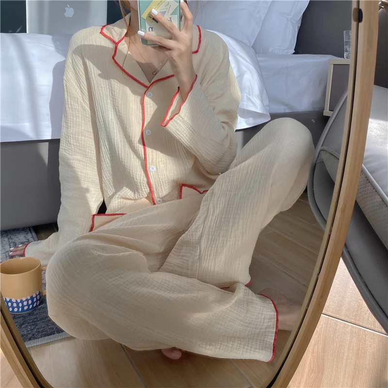 

Осенний пижамный комплект, Женский однобортный комплект из рубашки и брюк, домашний костюм из двух предметов, хлопковая одежда для сна, прос...