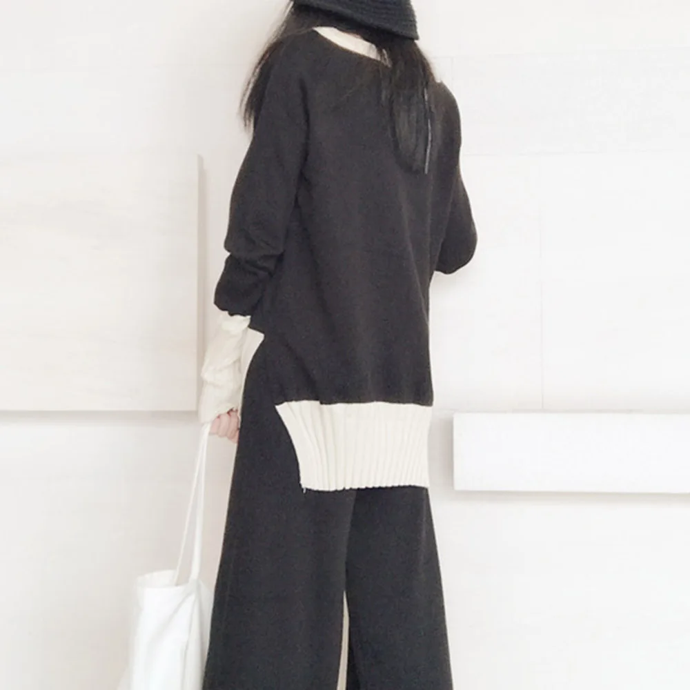 

Two Piece Sets 2020 Autumn Women Two Piece Set Knitted V-neck Pullover Top Wide Leg Pants Elastic Fashion Korean Knit Suits