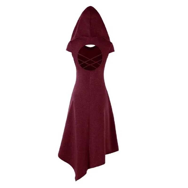 Винтажный Асимметричный Готический женский костюм ведьмы с капюшоном на спине