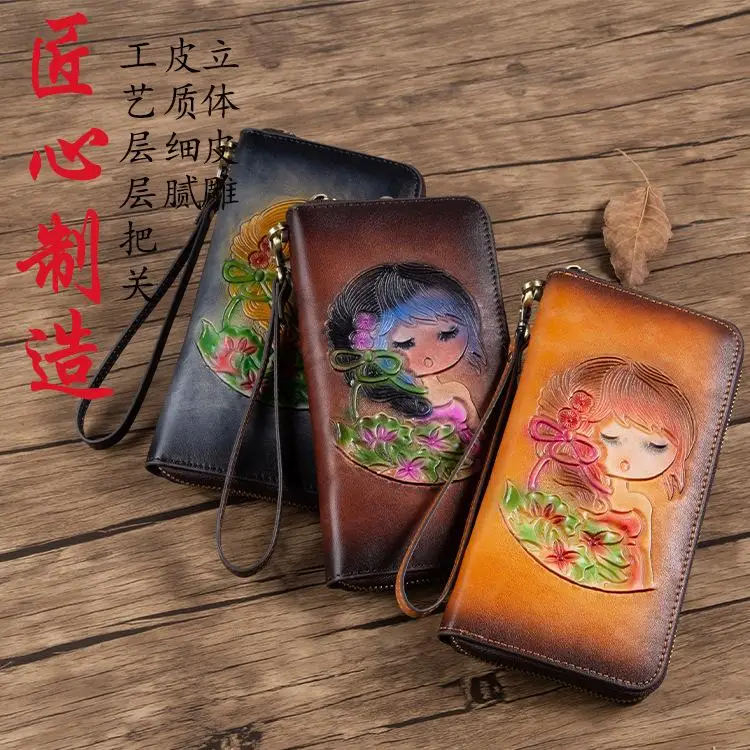 

Anti Theft Women Wallets 2021 New Genuine Leather Hand Wallet Card Holder Vintage Embossed Cowhide Long Purse
