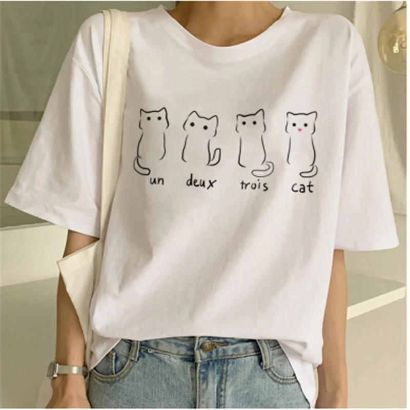 LINNA 2020 Kawaii забавный кот мультфильм футболка женская Ullzang Повседневная Милая 90s с