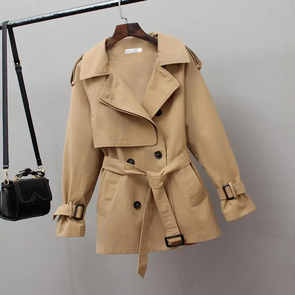 

2021 Women Short Trench Spring Windbreaker Coats Casual Loose Safari Clothes Fashion Stand Collar Drawstring Female Trench Coat