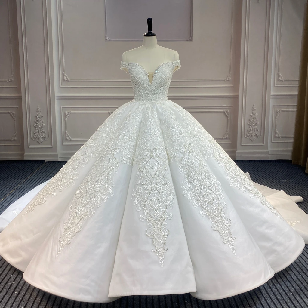 

Marnham Bridal Dresses Luxury Wedding Gown Hand Made Beaded Off the Shoulder V Neck Backless Pearls Vestido De Novia Long Train