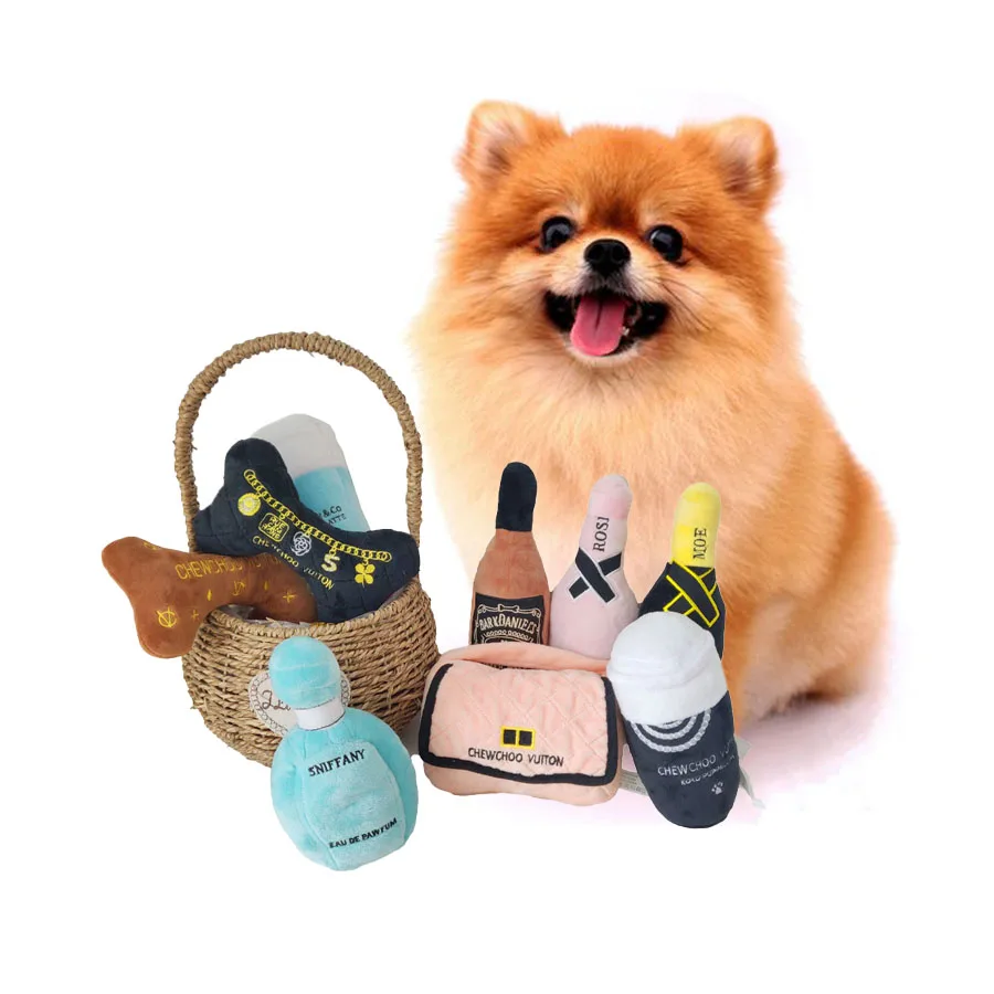 

Plush Perfume Luxury Dogs Bottle Toys Plush Chew Puppy Training Bottle Pet Toys With Embroidery