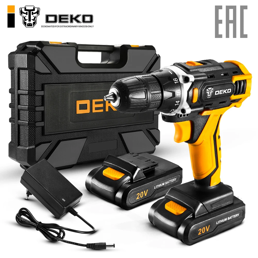 Аккумуляторная дрель 20В + набор 63 инструментов в кейсе Deko DKCD20FU Li 1.5Ahx2 tools