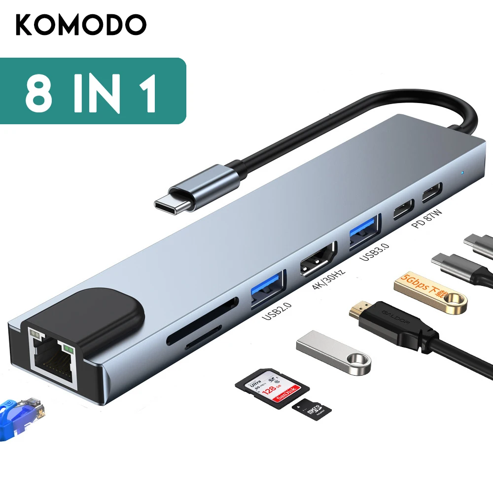 

4K USB c Hub For Laptop Adapter PC Computer PD Charge 8 in 1 Ports Dock Station RJ45 HDMI TF/SD Card Notebook Type-C Splitter