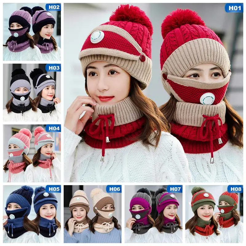 

3pcs/set Fashion Winter Hat&Scarf&Mask Set For Women Girls Warm Beanies Breathe Scarf Pompoms Knitted Caps And Scarf Mask