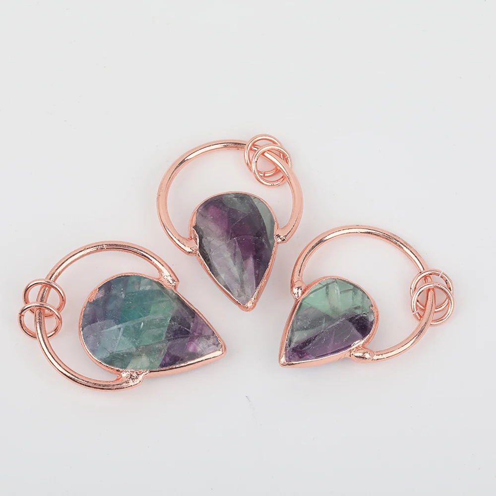 

5PC Natural Rainbow Fluorite Stones Teardrop Pendants Jewelry,Plated Rose Gold Oval Stones Beads Hoop Charms DIY Jewelry Making