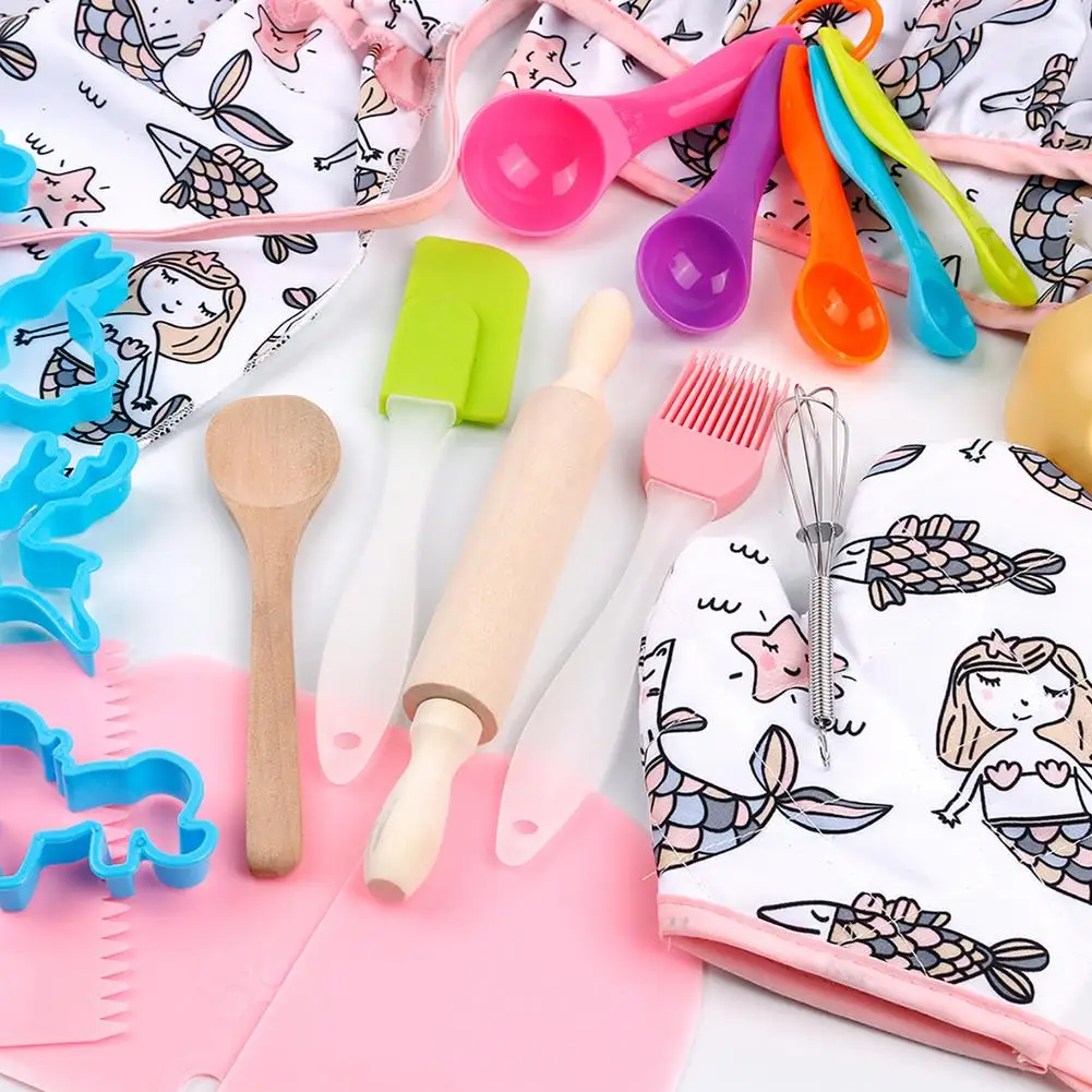 

14Pcs Kids Cooking Baking Set DIY Pink Pretend Play Cakes Making Kits Including Chef Hat Apron For Children Kitchen Role Play