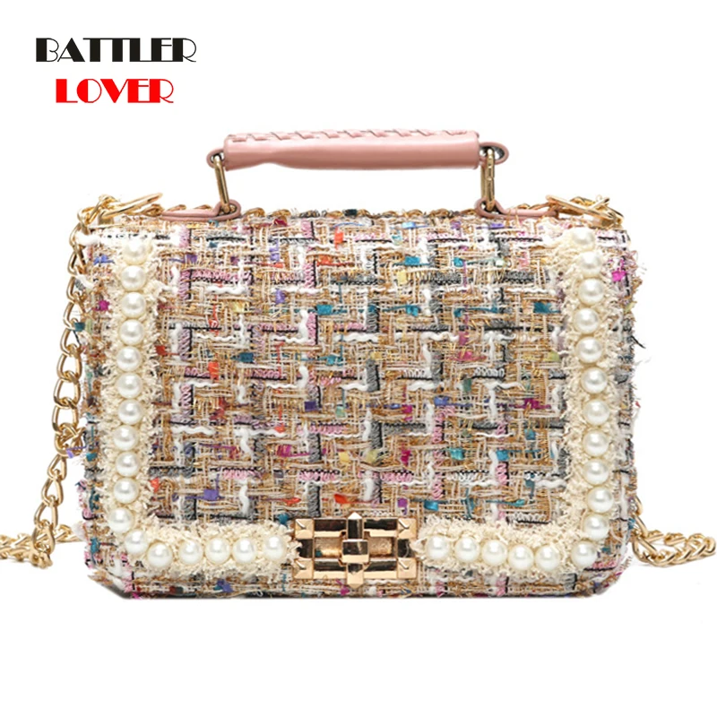 

2020 Winter Fashion New Female Square Tote Bag Quality Woolen Pearl Women's Designer Handbag Ladies Chain Shoulder Crossbody Bag