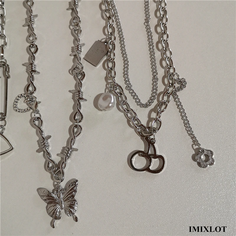 Чокер гранж 90-е сердце бабочка вишня ожерелья 2022 цепи цепь до ключицы серебряный