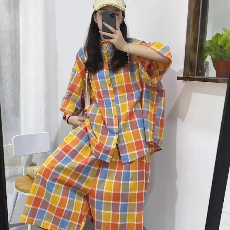 

Женский Повседневный костюм, свободная клетчатая рубашка контрастных цветов и широкие брюки с высокой талией, костюм из двух предметов в Ко...