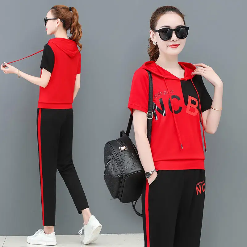 

Fashion 2 Piece Sets Short Sleeved Hooded Top Loose Pants Stitching Sets Womens Outfits Summer New Green Orange Yellow Clothes