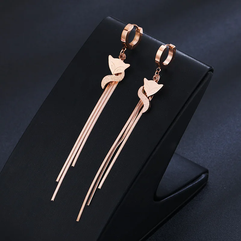 

Titanium steel frosted fox ear clip stainless steel rose gold tassel earrings simple fashion butterfly earrings women's earrings