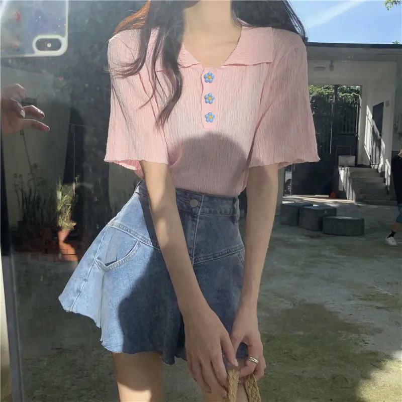 Women's T-shirt 2021 Knit Polo Short Sleeve T-shirts Tee Top Female Clothing Chic Woman Blouse y2k Aesthetic Fashion Sweetshirts