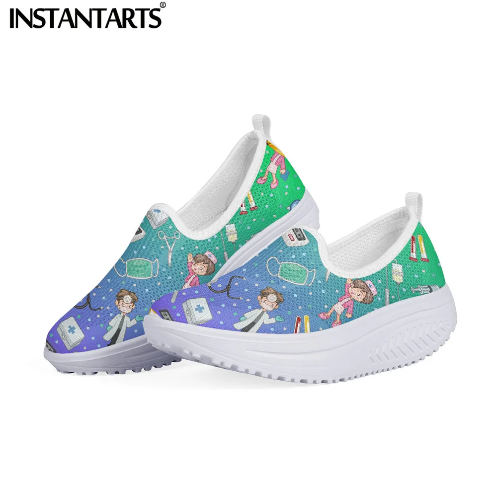 

INSTANTARTS Gradient Color Doctor and Nurse Cartoon Pattern Mesh Sneakers Summer Breathable Platform Shoes 2021 Slip-on Loafers