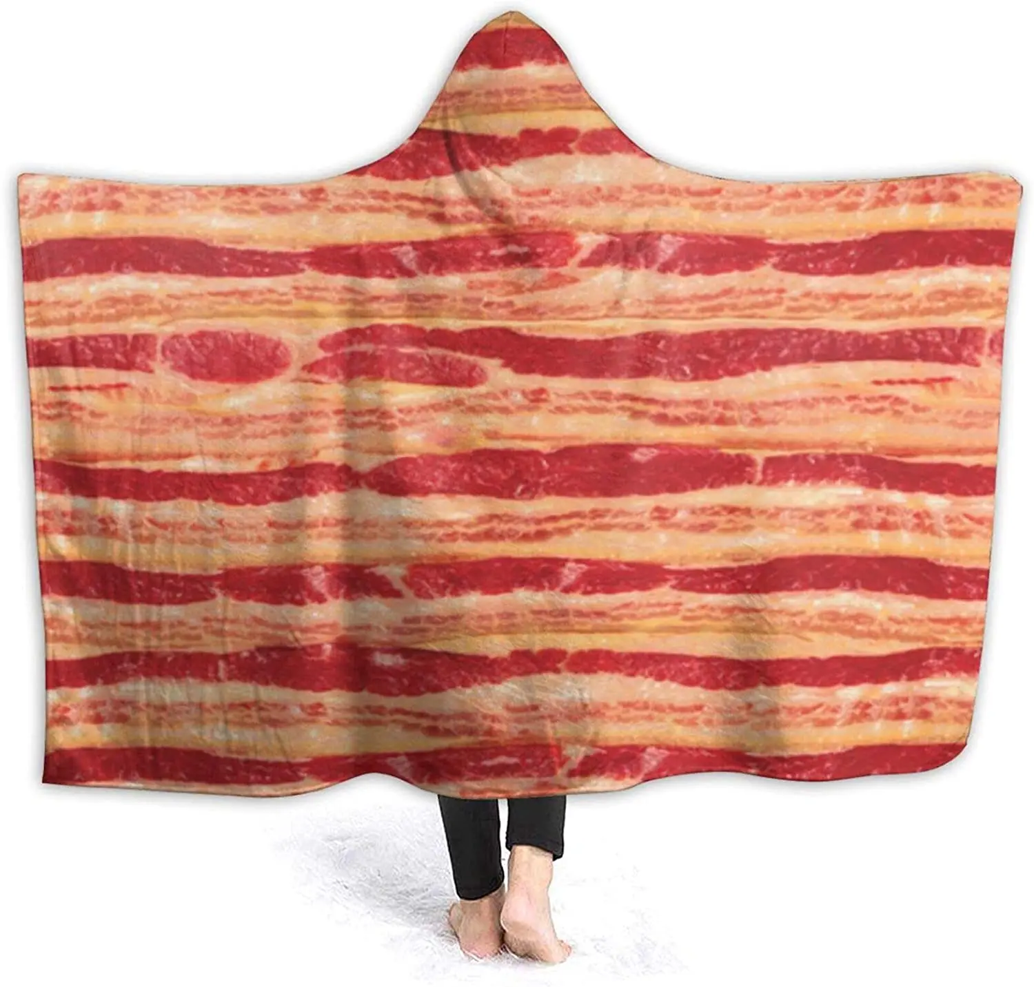 

Funny Bacon Food Stripes Hooded Blanket Ultra Soft Wearable Throw Blanket Hoodie Cloak for Sofa Lounge Bed Napping