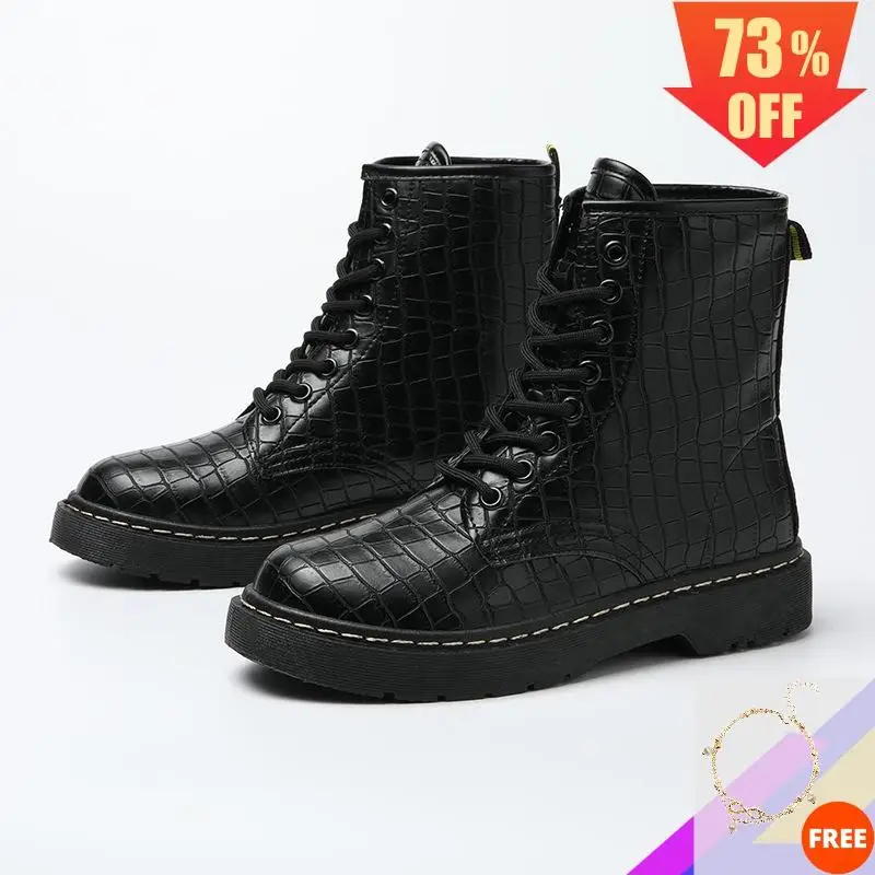 Женские водонепроницаемые ботильоны на платформе черные шнуровке с круглым