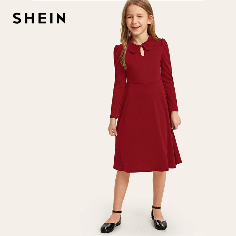 SHEIN Kiddie/красное однотонное расклешенное платье с оборками, трапециевидной формы, с поясом, летнее праздничное платье, рукав-волан, с пуговицами на спине, платья-миди для девочек
