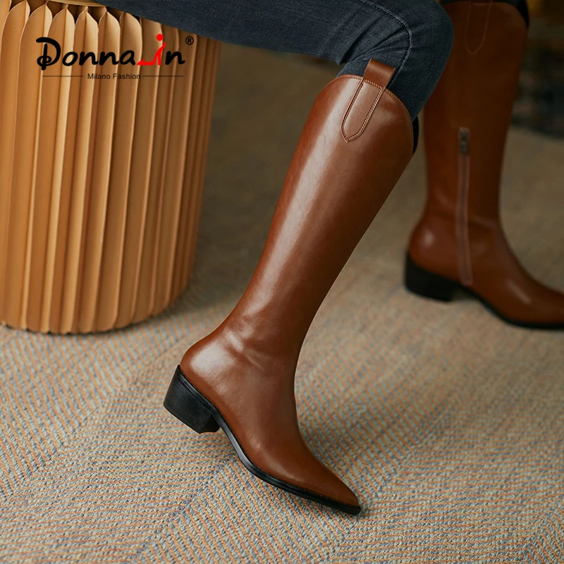 

Donna-in 2020 Winter Genuine Leather High Women Boots Retro Pointed Female Knight Boot Warm Plush Women' Shoes Zip New Fashion