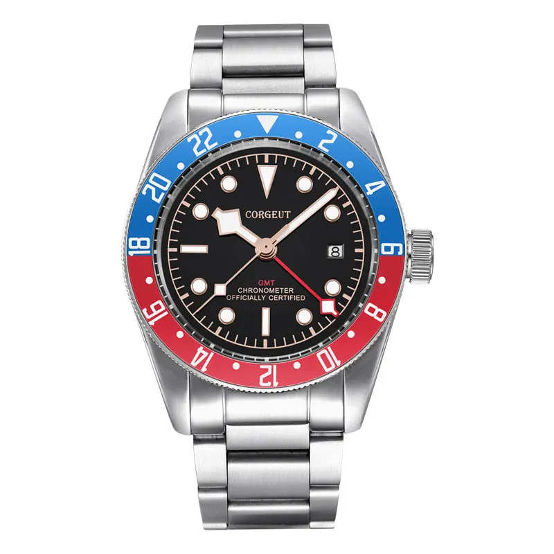 

Corgeut Mens GMT Wristwatches 41MM 316L Steel Bands Mechanical Sapphire Luminous Military Date Swim Waterproof DG3804 Automatic