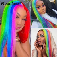 rainbow highlight wig red purple blue pre plucked brazilian remy 13x4 straight human hair lace frontal wigs for black women