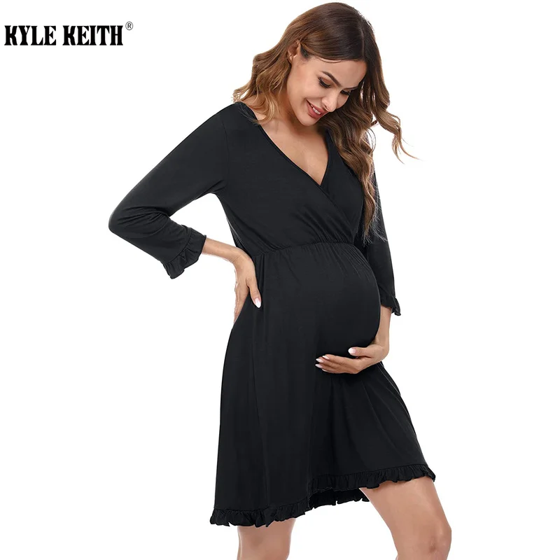 

Pregnancy Black Gray Maternity Long Sleeve Dresses Casual Nursing Nightgown Breastfeeding Sleepwear Clothes Plus Size S-2XL