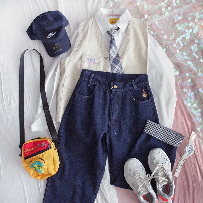 

Spring Autumn Loose Sweet Jeans Nine Pants Young Girl Casual Student Cartoon Embroidery Soft Sister Straight Pants Preppy Style