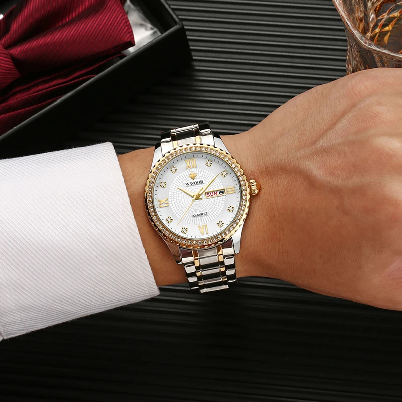 Парные часы WWOOR 2021, мужские и женские роскошные брендовые Модные кварцевые часы из нержавеющей стали с бриллиантами, парные часы для влюблен... от AliExpress WW