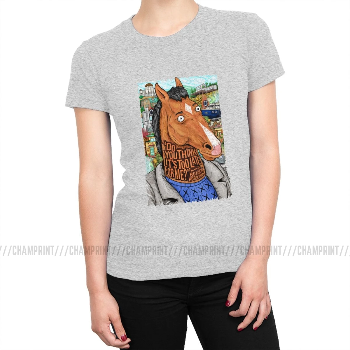 Женская футболка Bojack Horseman с забавным рисунком, эстетическая футболка с круглым вырезом, хлопковая уличная одежда размера плюс, женская одежда - Цвет: Серый