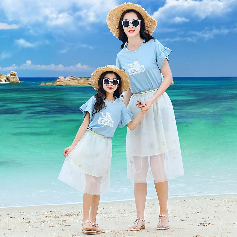 Лето 2019 Новые одинаковые комплекты для семьи мамы и дочки хлопок Юбка из сетчатой